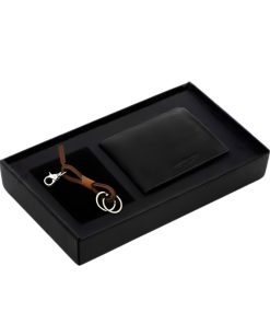 Spalding & Bros Kit Portafoglio Nero e Portachiavi Cuoio Double