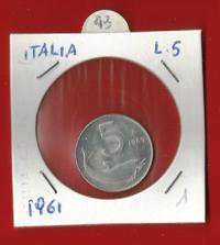 ITALIA REPUBBLIC – ITALY REPUBBLIC 1961 5 Lira  KCC km92 circulated € 1.00